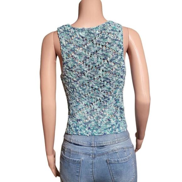 Asymmetrical crew neck water blue sleeveless crochet tank top M - Picture 5 of 7
